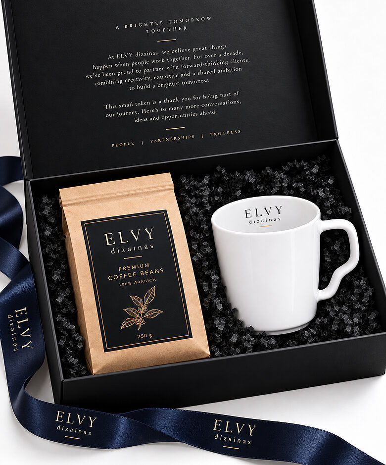 Prabangus verslo dovanų rinkinys su logotipu – porcelianinis puodelis ir kava