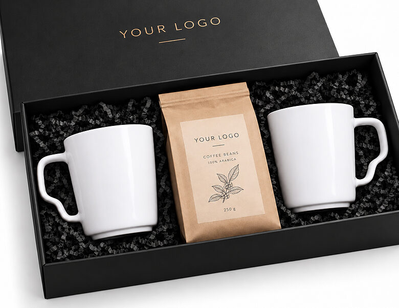 Prabangus verslo dovanų rinkinys su logotipu – du porcelianiniai puodeliai ir kava