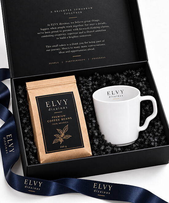 Prabangus verslo dovanų rinkinys su logotipu – porcelianinis puodelis ir kava